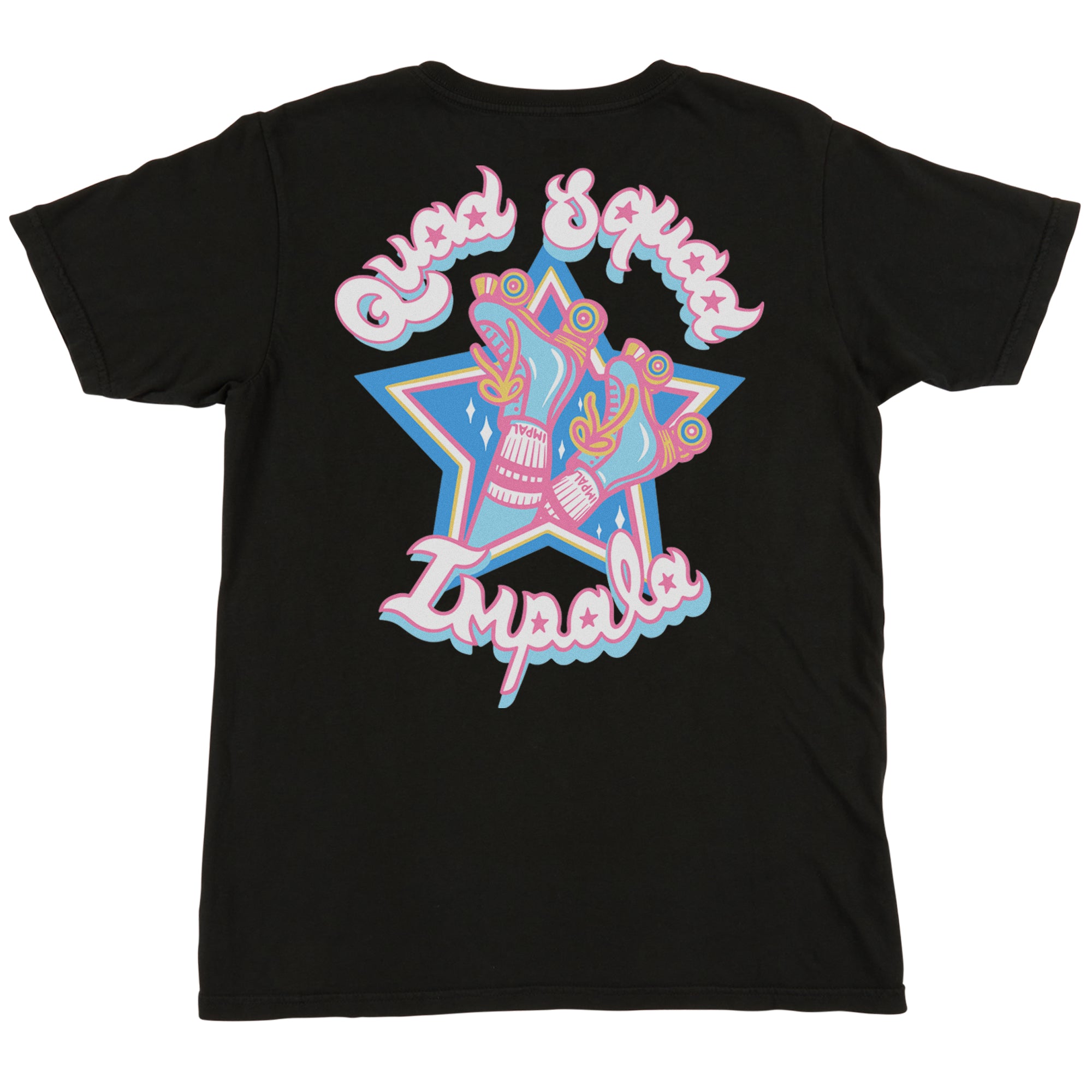 Black T-shirt with large multicolor back graphic and script lettering