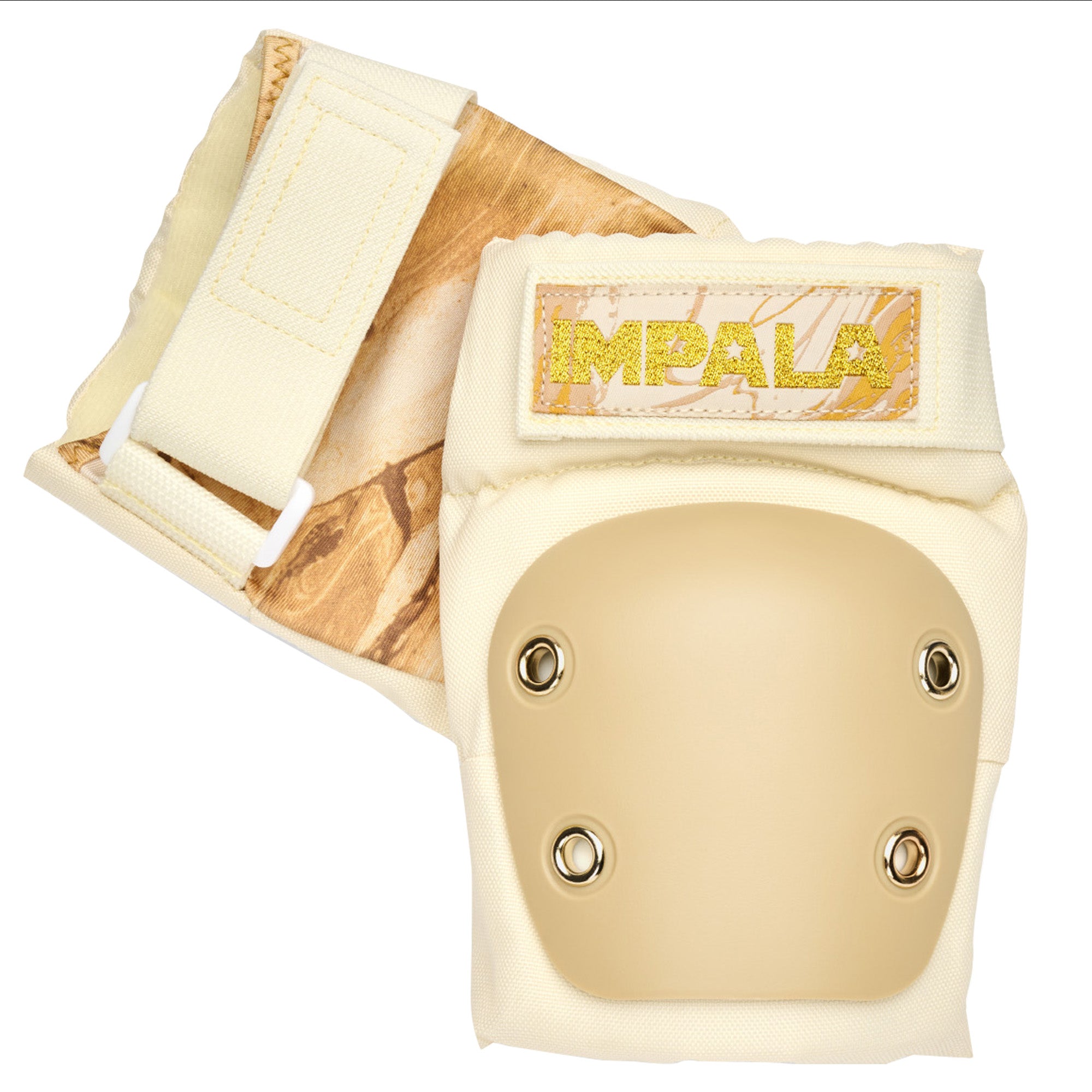 Impala front protective pad with gold oval plate, cream straps, and IMPALA label