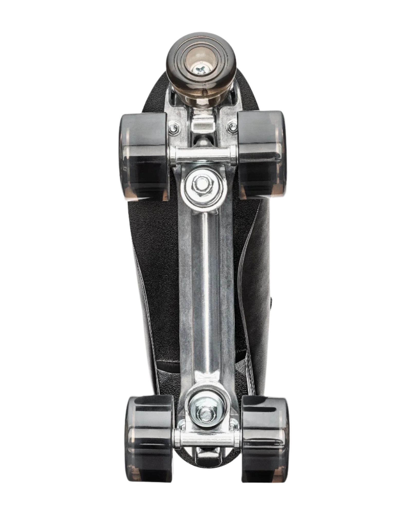 Black quad skate with four wheels and silver frame assembly