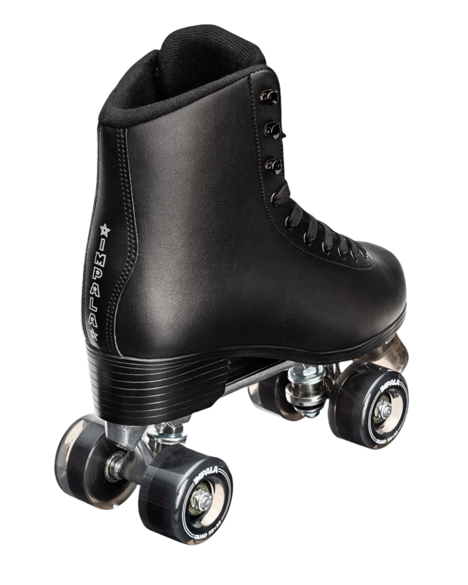 Black lace-up quad skate boot with side wheel mounts