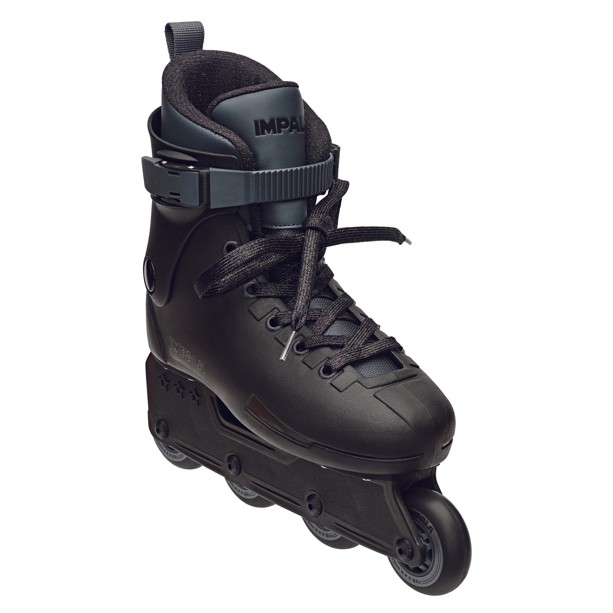 Impala black inline skates, side view, with buckle strap and 4 wheels