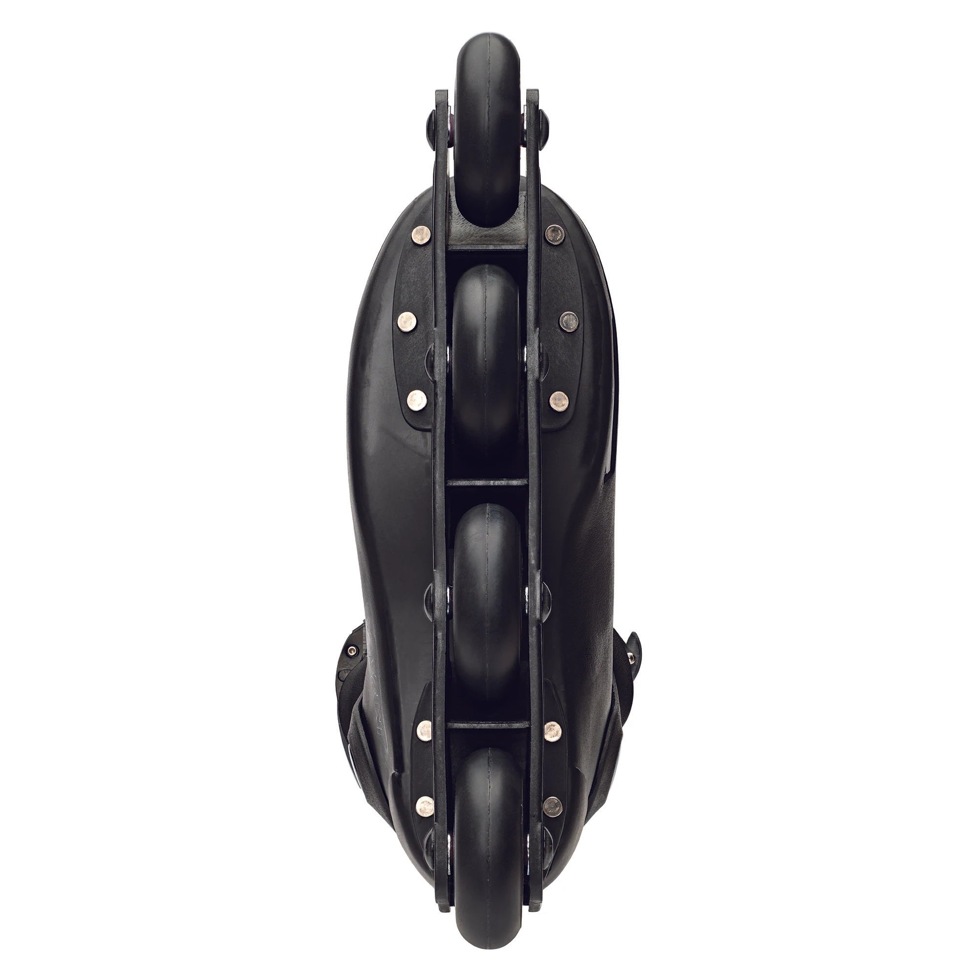 Impala black inline skates, wheel-side view, showing mounting plates