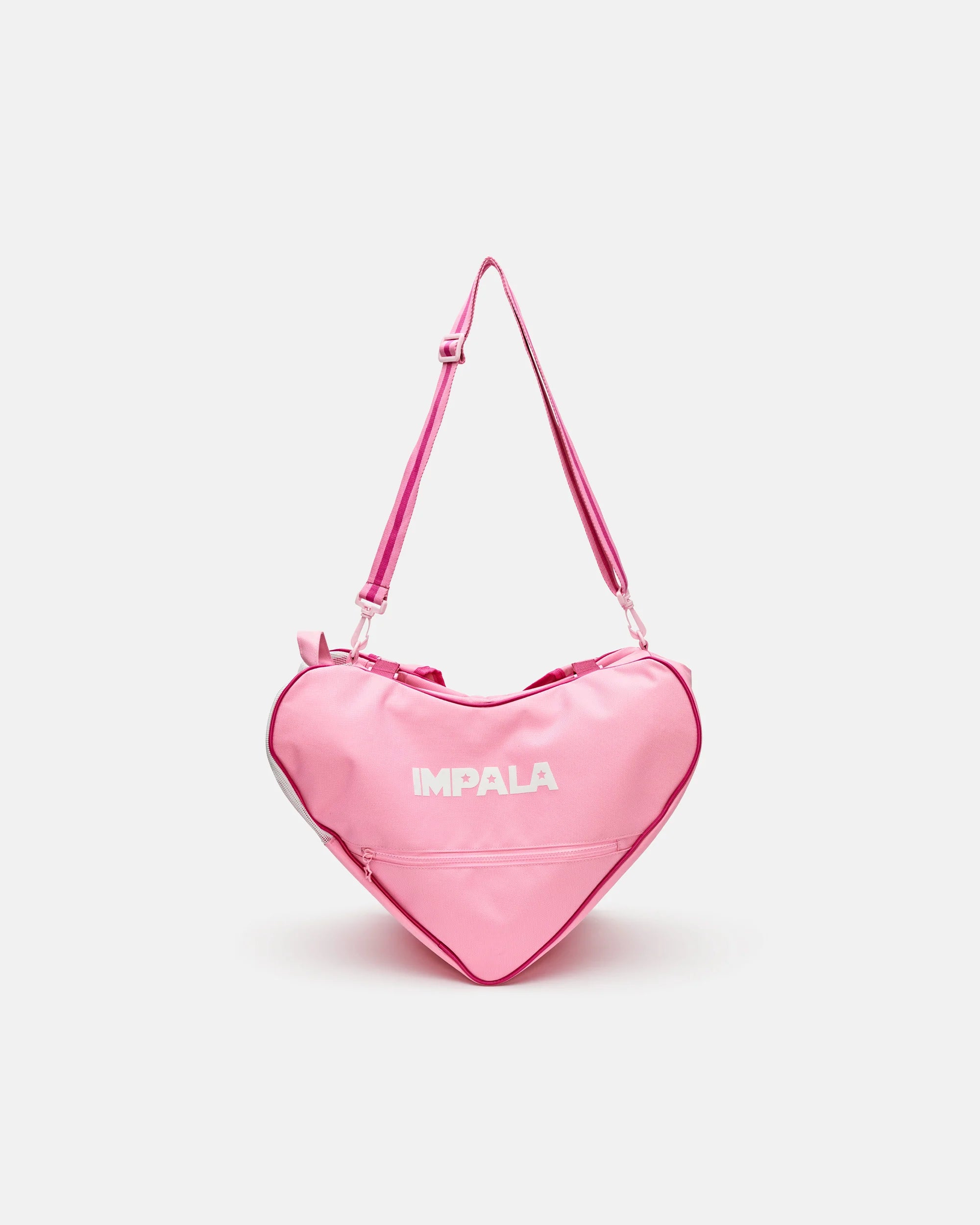 Pink heart-shaped skate bag with Impala logo and hanging shoulder straps