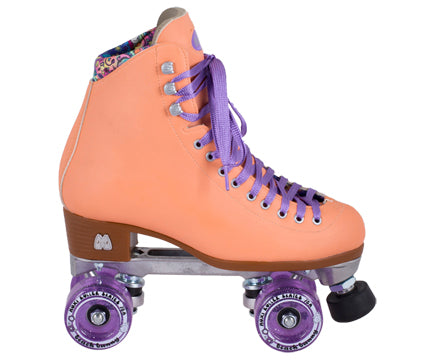 Peach high-top quad roller skates with purple laces and purple wheels