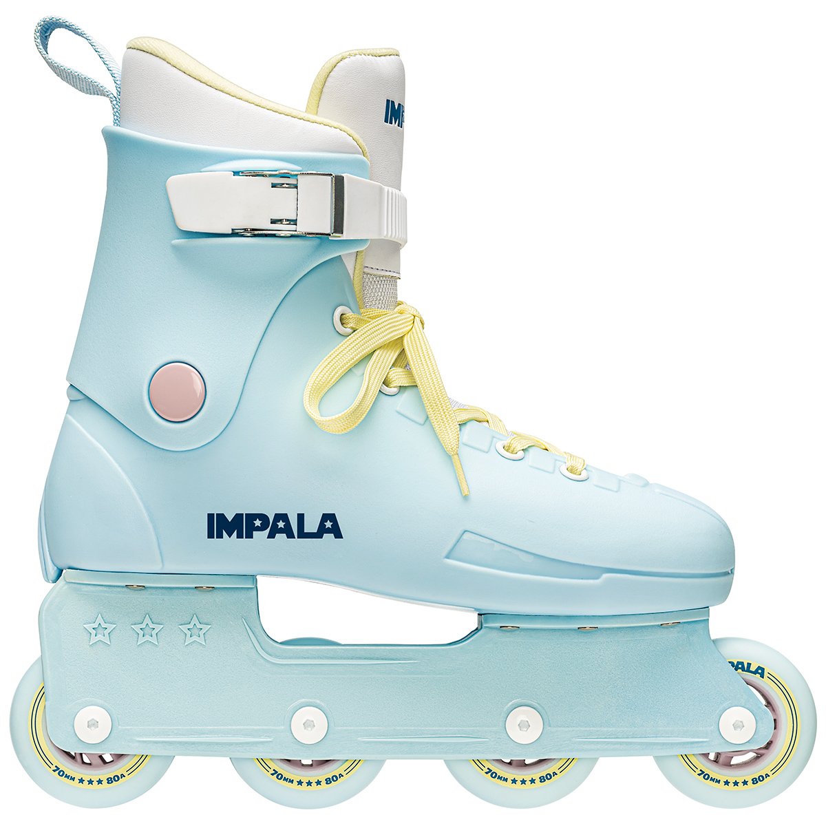 Sky blue inline skates with yellow laces, front strap, and four wheels per side
