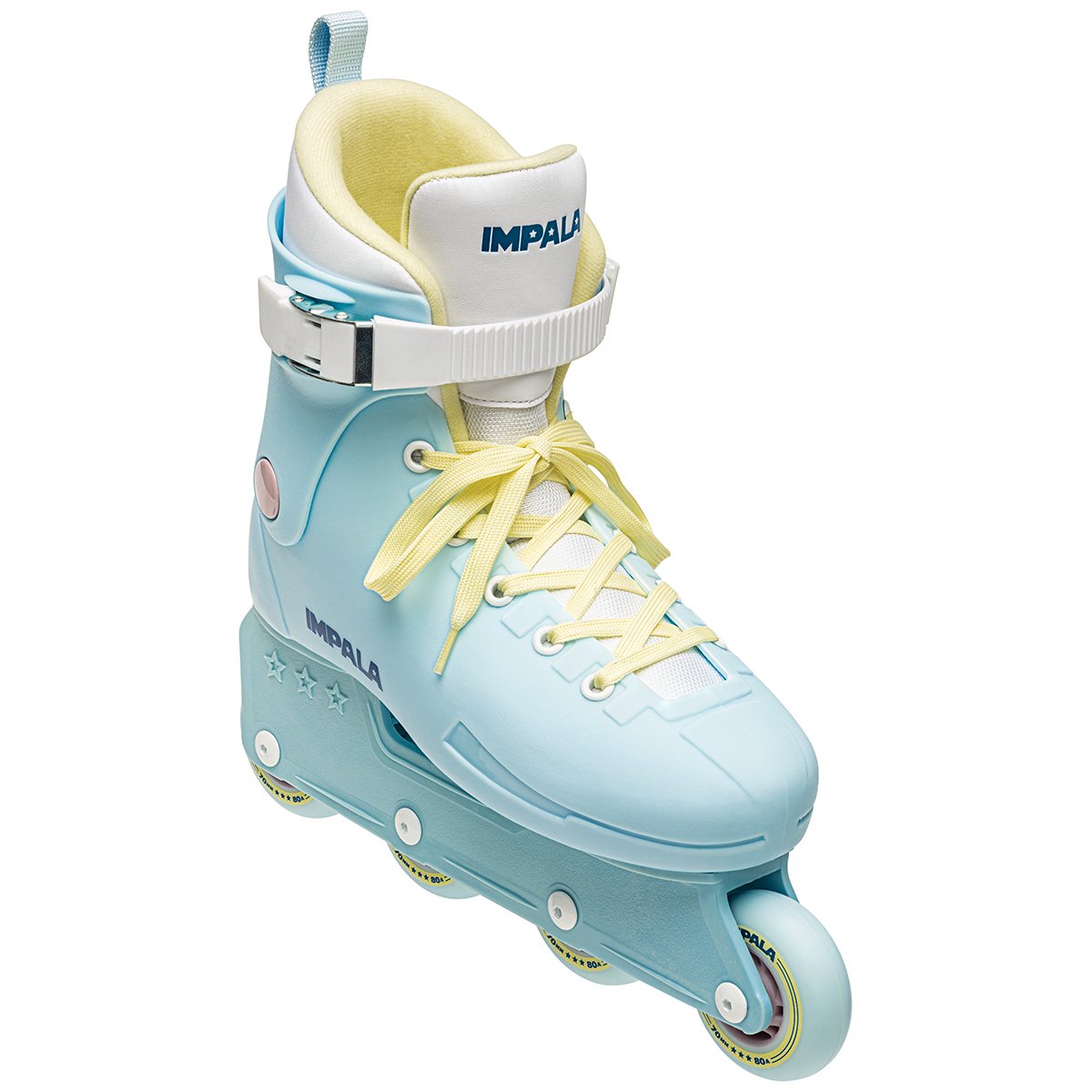 Sky blue inline skates with yellow laces, padded high collar, and side wheels
