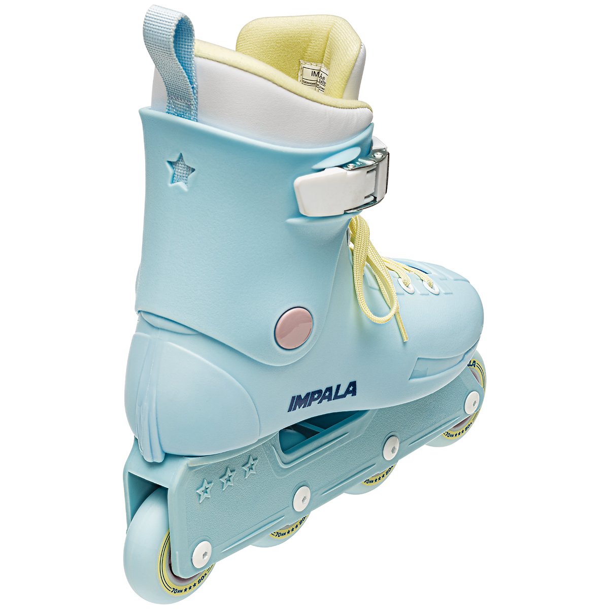 Sky blue inline skates with star graphics, lace-up front, and lower wheel frame