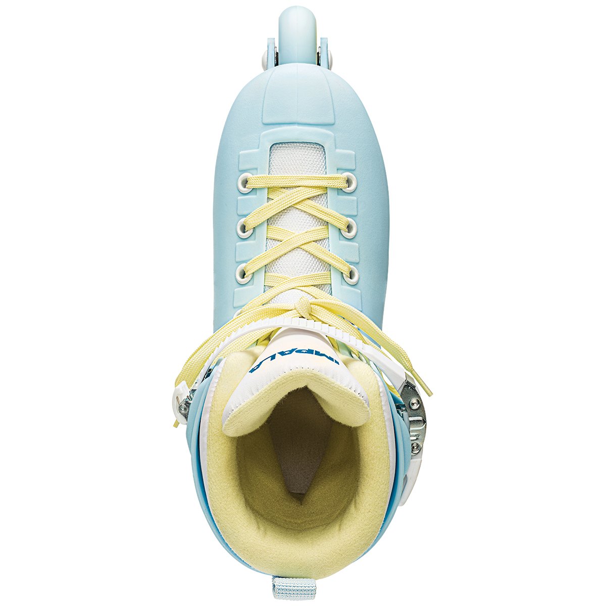 Sky blue inline skate with yellow laces, padded collar, and open top view