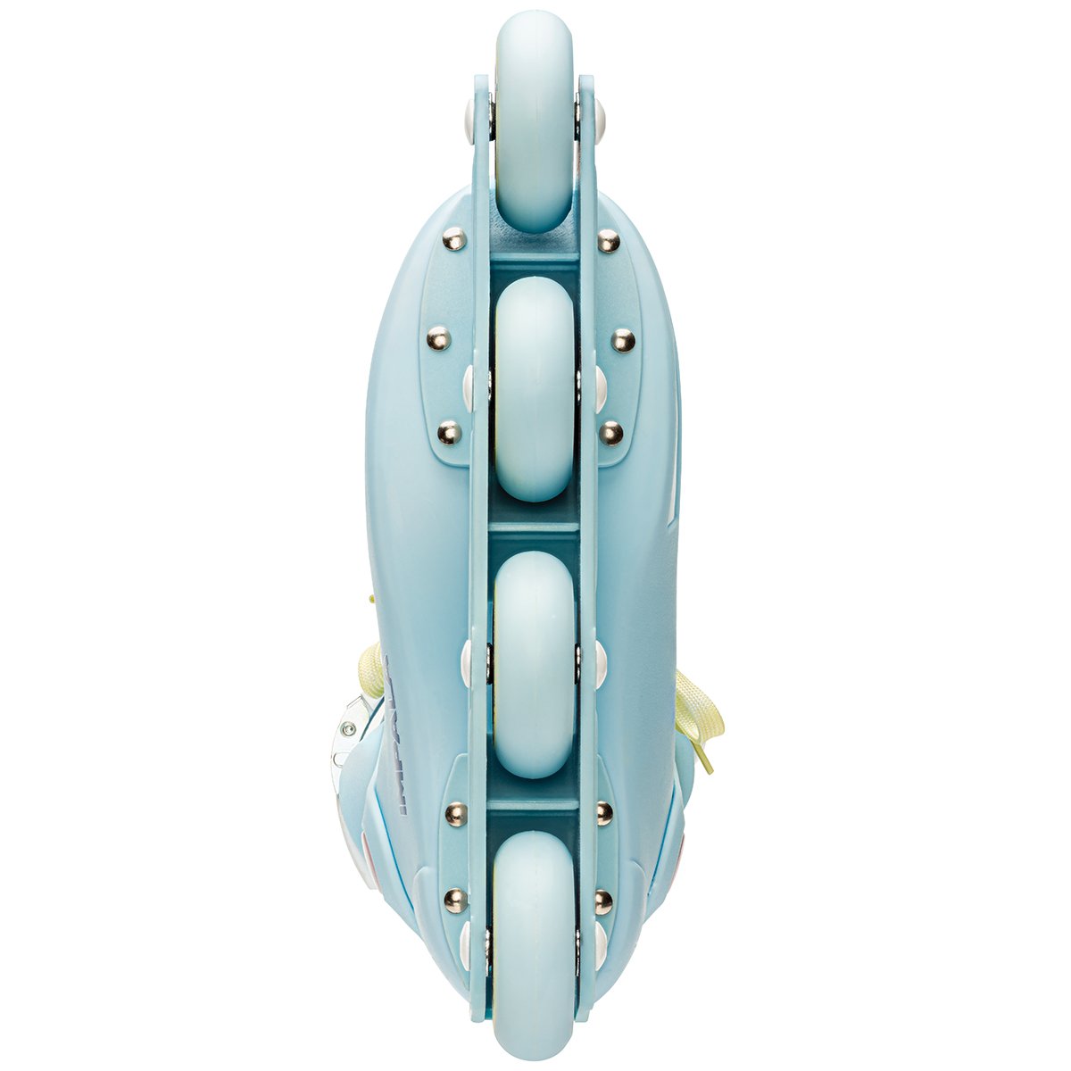 Sky blue inline skate boot with five-wheel frame and metal axle hardware
