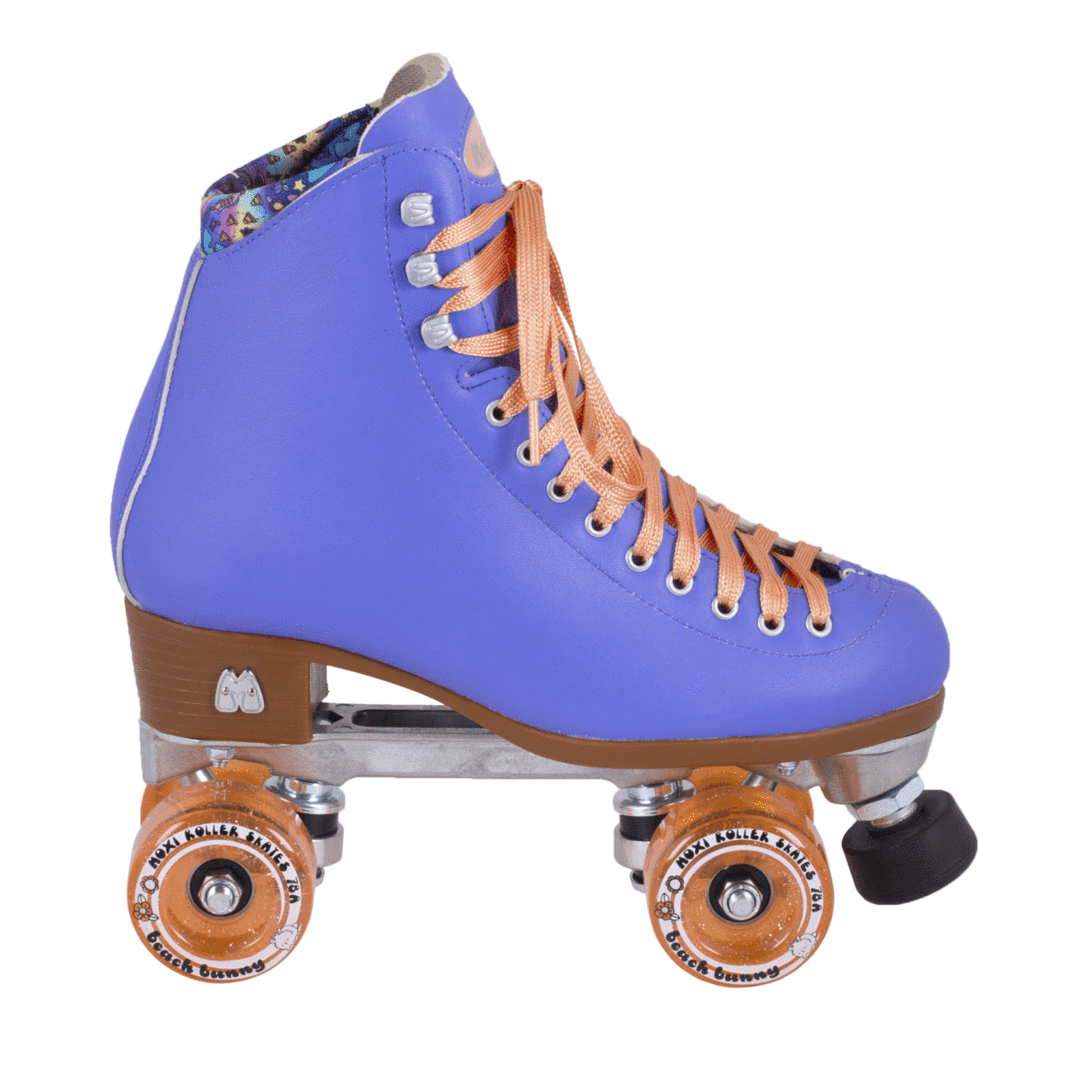 Periwinkle blue high-top roller skate with orange laces and orange wheels