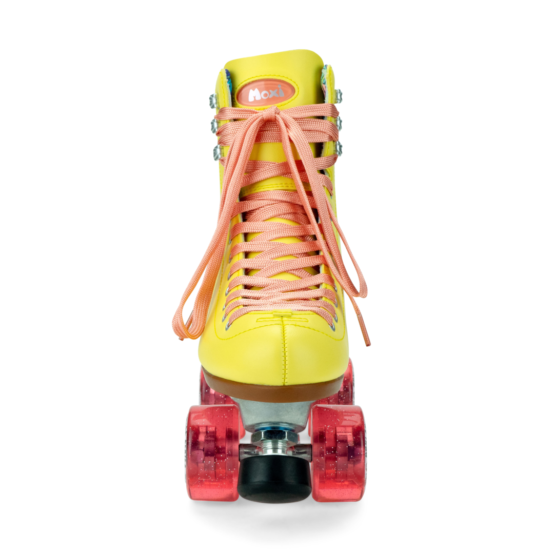 Yellow high-top roller skates with pink laces and red wheels