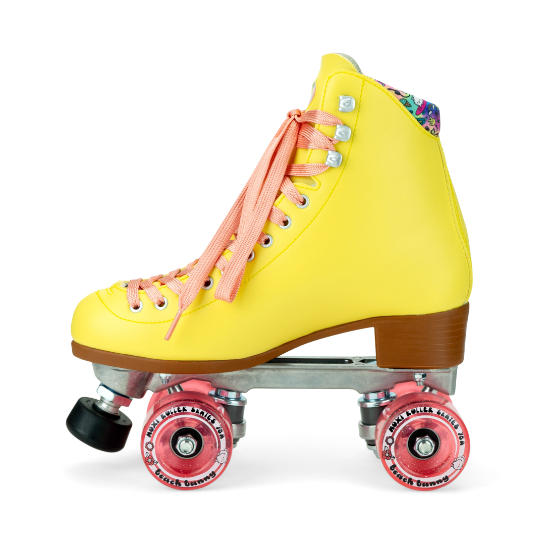 Yellow high-top roller skate on red wheels with pink laces and brown heel