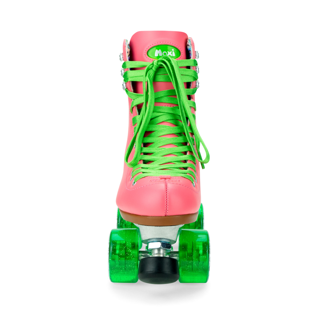 Pink roller skates with green laces and green quad wheels, rear view