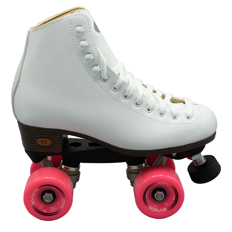 Riedell 111 Citizen white high-top roller skates with pink wheels and black trucks