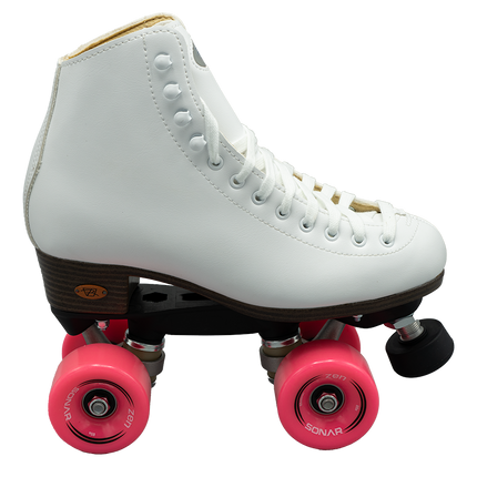 Riedell 111 Citizen white high-top roller skates with pink wheels and black trucks