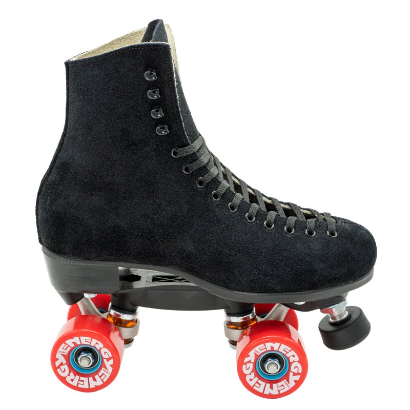 Black outdoor roller skate with high-top suede boot and red wheels
