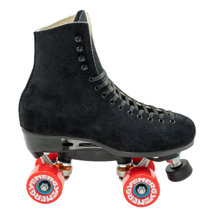 Black outdoor roller skate with high-top suede boot and red wheels