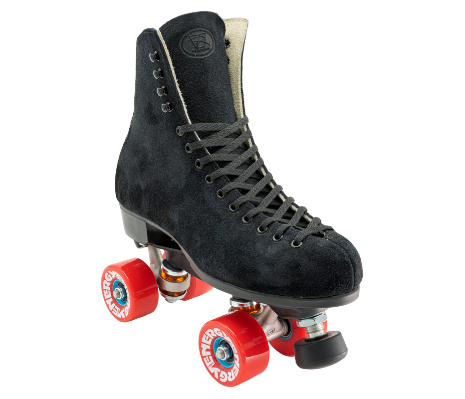Black high-top roller skate, crisscross laces, red wheels on metal truck