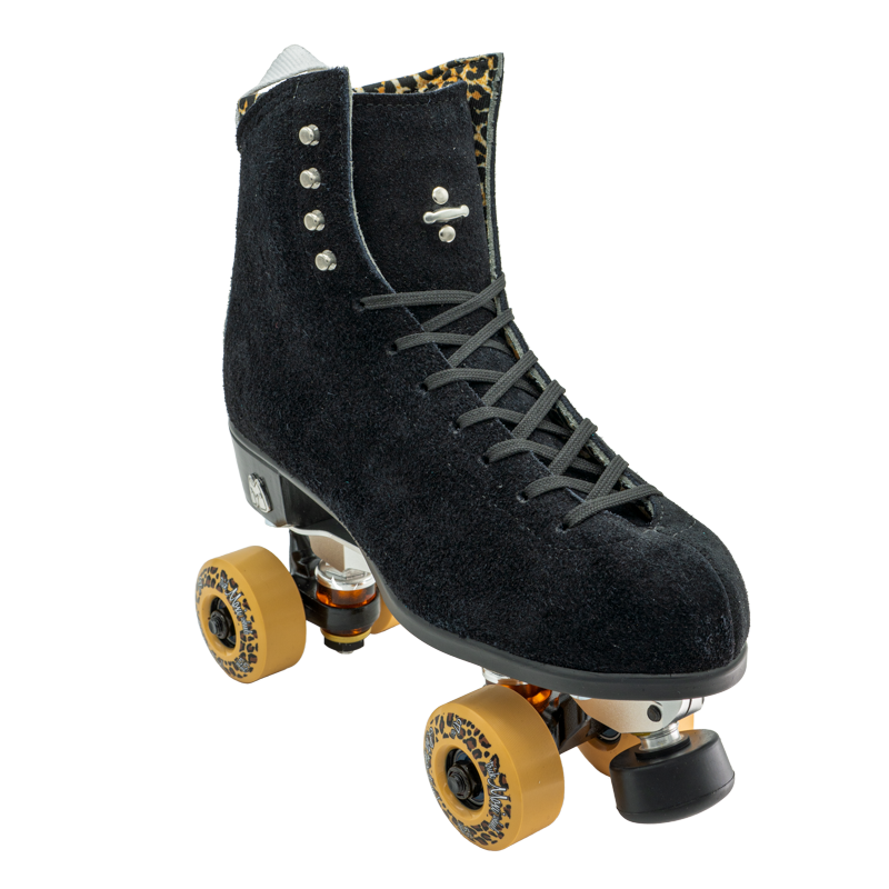 Black high-top skate boot with lace-up front, leopard-print lining, and wheels