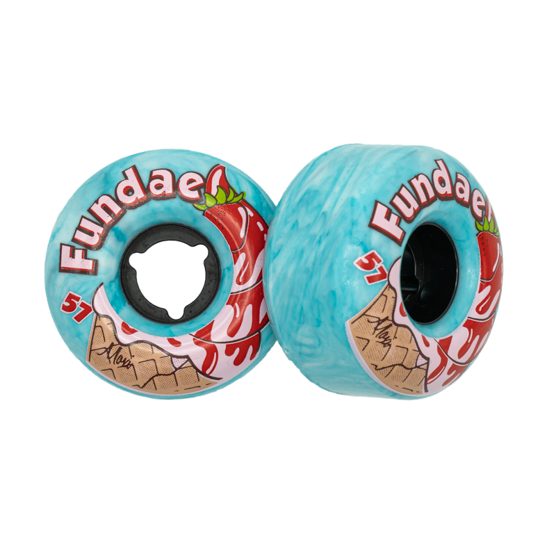 Skateboard wheels 4-pack in teal with colorful graphic print and black cores