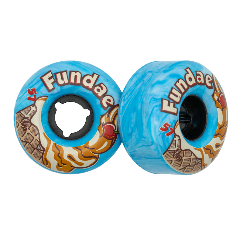 Skateboard wheels 4-pack in light blue with swirling tan graphics and black cores