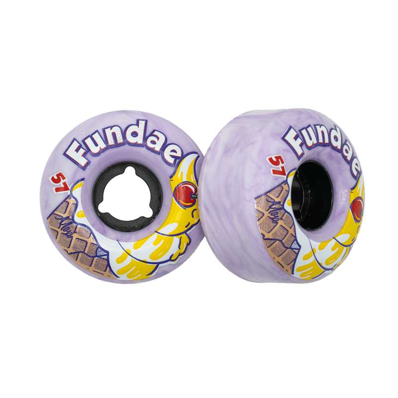 Skateboard wheels 4-pack in lavender with yellow and red graphic accents and black cores