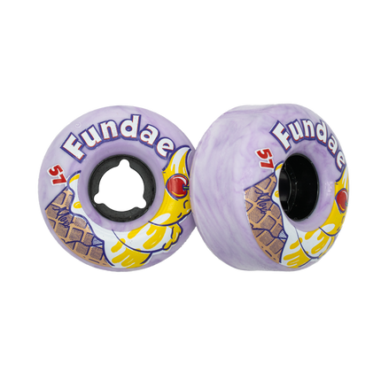 Skateboard wheels 4-pack in lavender with yellow and red graphic accents and black cores