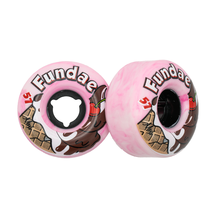 Skateboard wheels 4-pack in pink with brown chocolate-style graphics and black cores