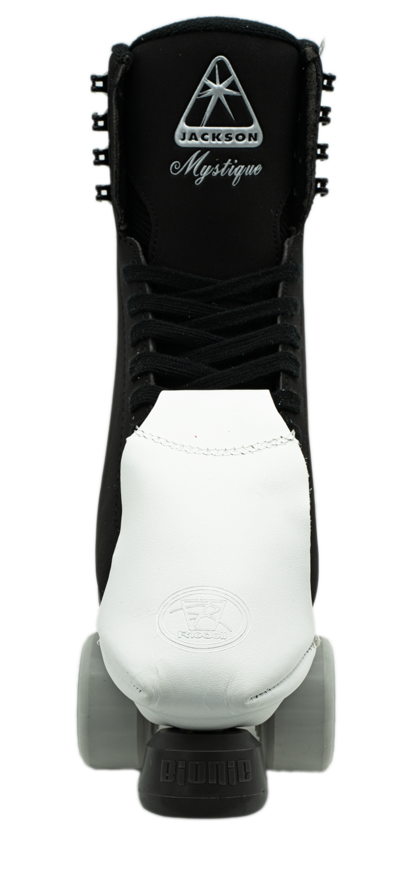 White leather toe cap with oval embossed logo and stitched curved seam