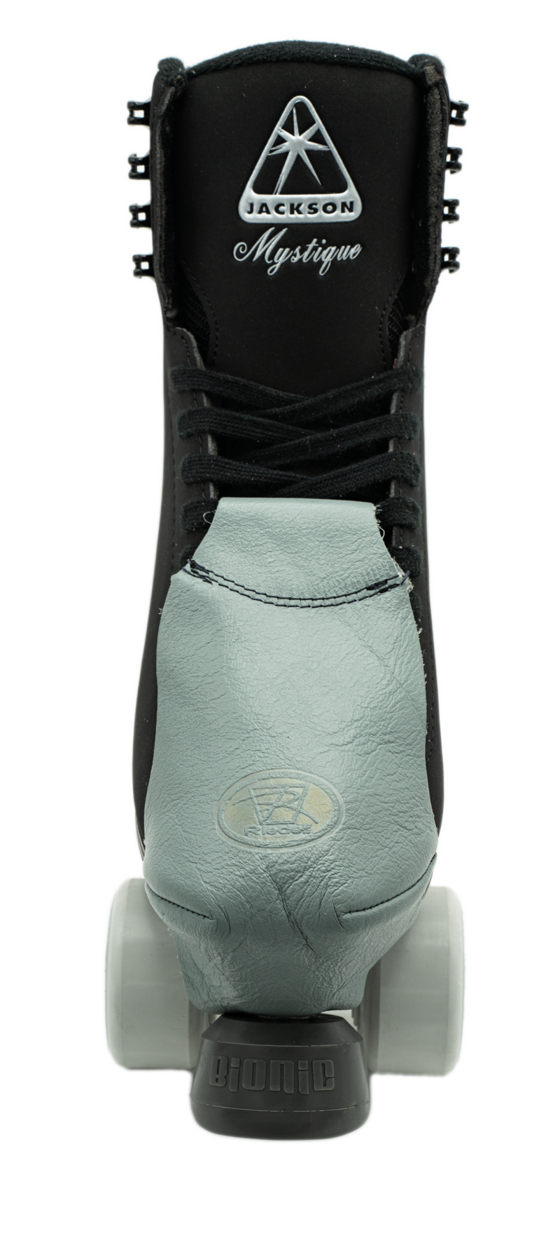 Green leather toe cap with oval embossed logo and stitched curved seam