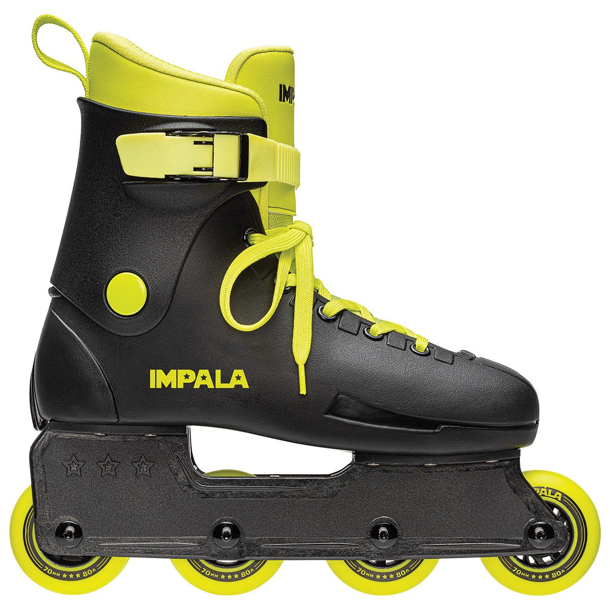 Black inline skates with neon yellow laces, high boot, and four yellow wheels