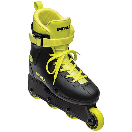 Black inline skates with neon yellow high-top lining, lace-up front, and four wheels