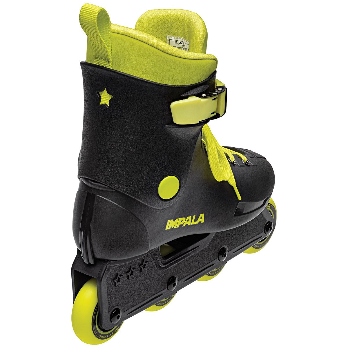 Black inline skates with neon yellow ankle strap, star logo, and side wheels