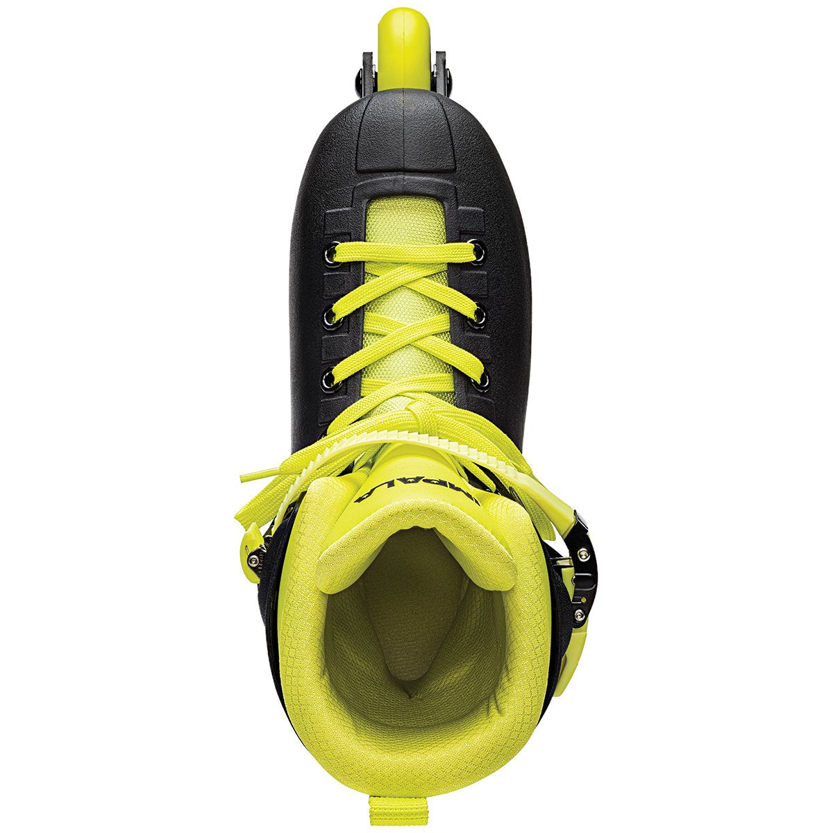 Black inline skate with neon yellow inner boot and lace-up front, top view