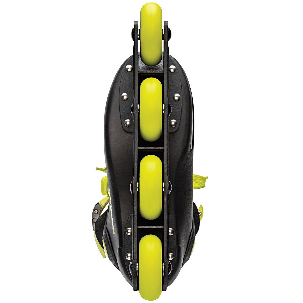 Black inline skates with neon yellow brake pads and four neon wheels, rear view