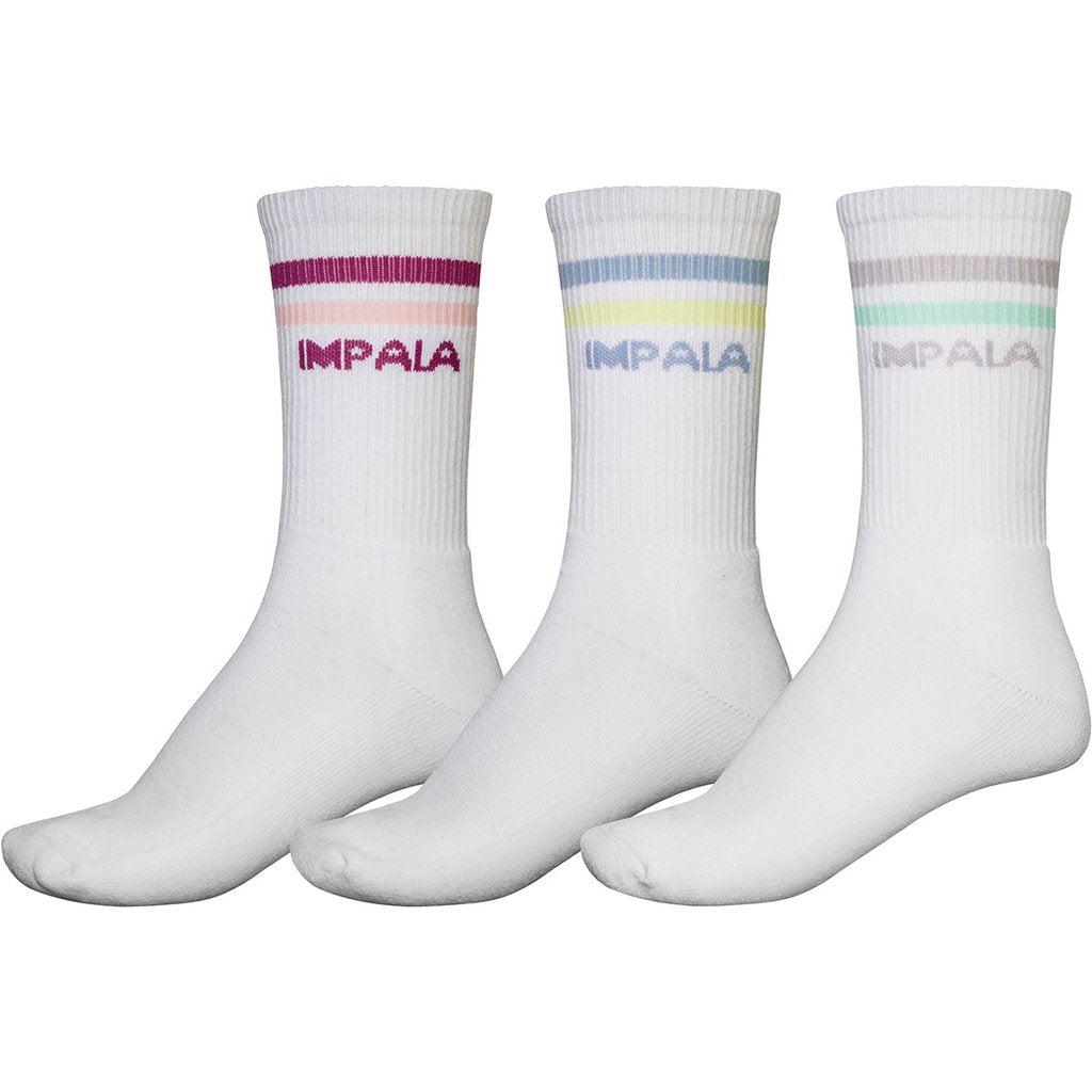 3-pack crew socks with pastel stripe cuffs and IMPALA logo on white