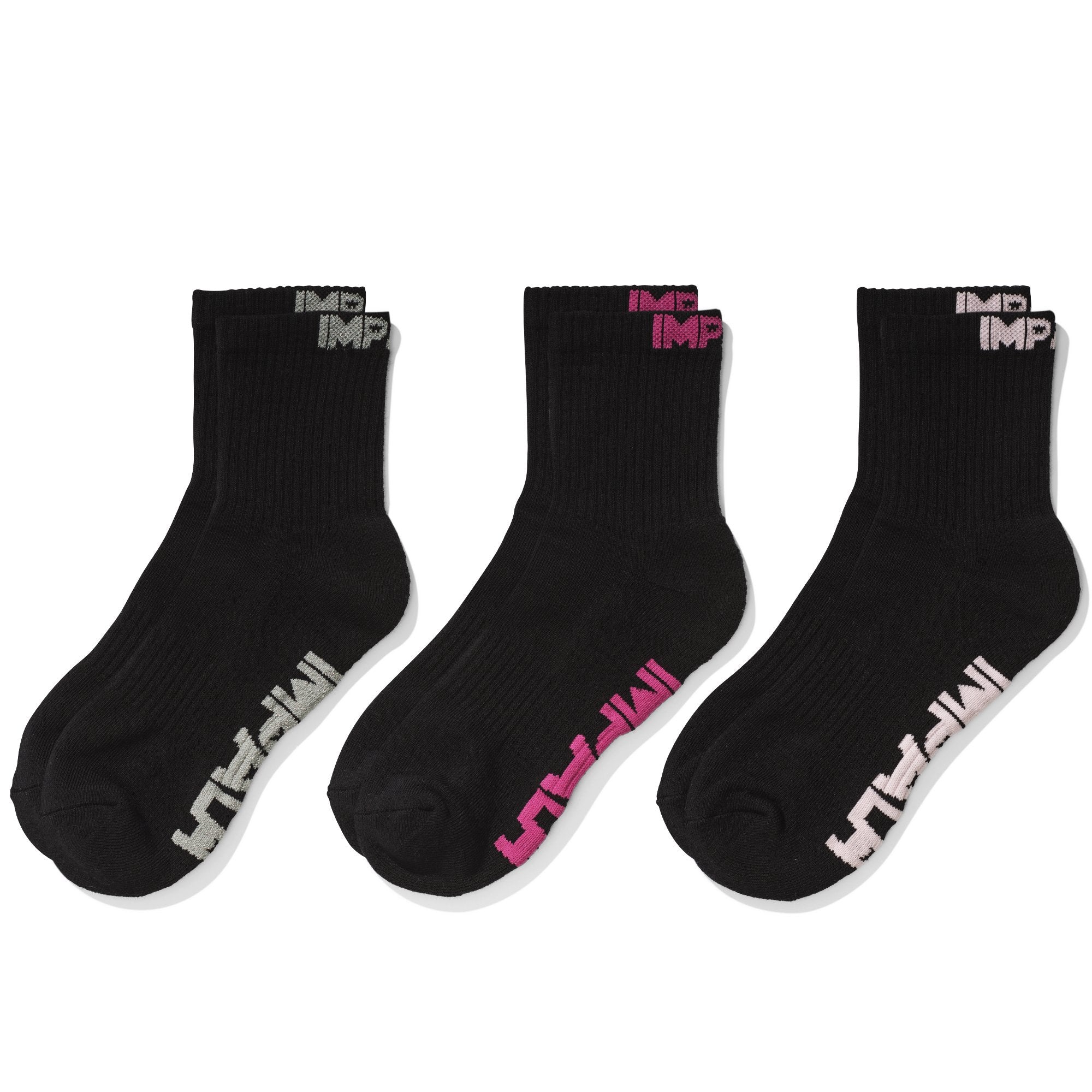 Black crew socks 3-pack with pink and white Impala lettering on cuffs
