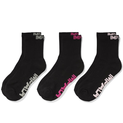 Black crew socks 3-pack with pink and white Impala lettering on cuffs