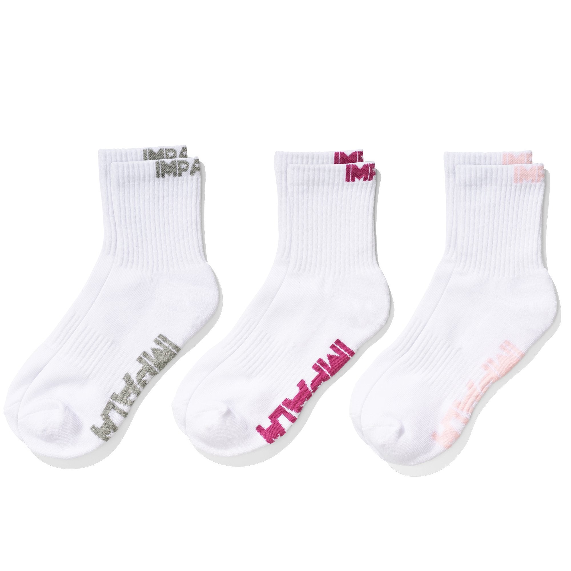 3-pack white crew socks with colorful Impala logos at the cuff