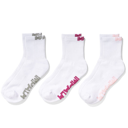 3-pack white crew socks with colorful Impala logos at the cuff