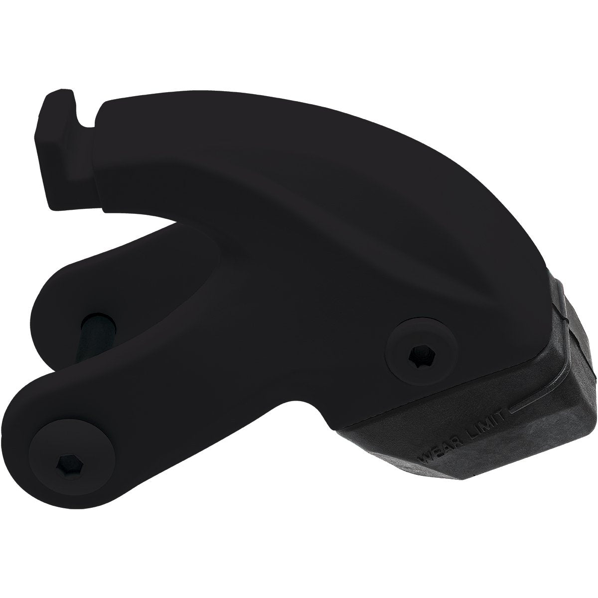 Black inline skate brake assembly with textured base and wheel mount bolts