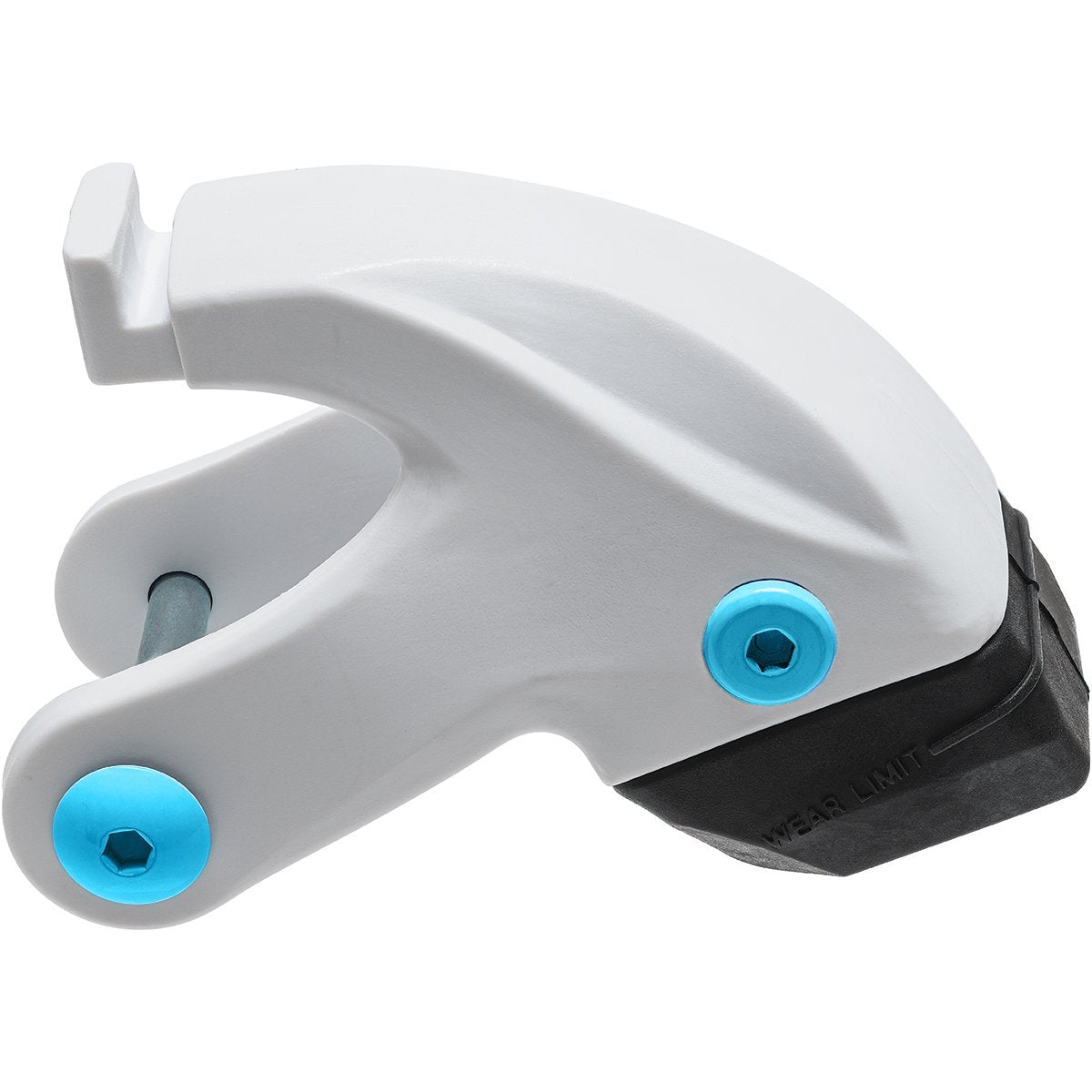White inline skate wheel assembly with blue hub bolts