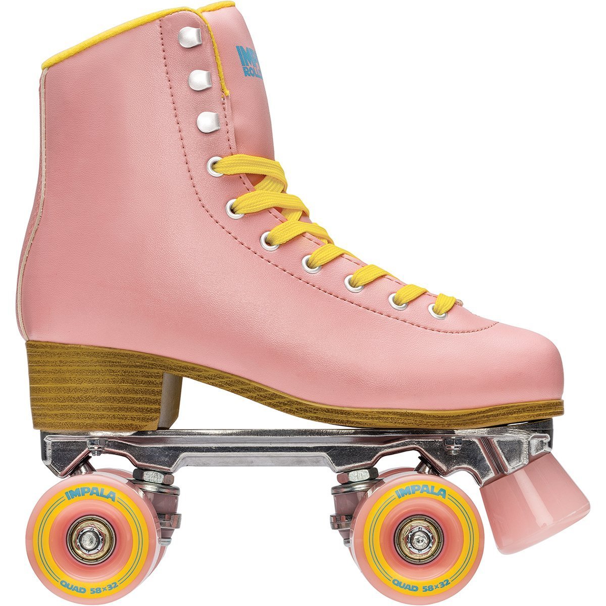 Pink high-top Impala quad roller skate with yellow laces and orange wheels