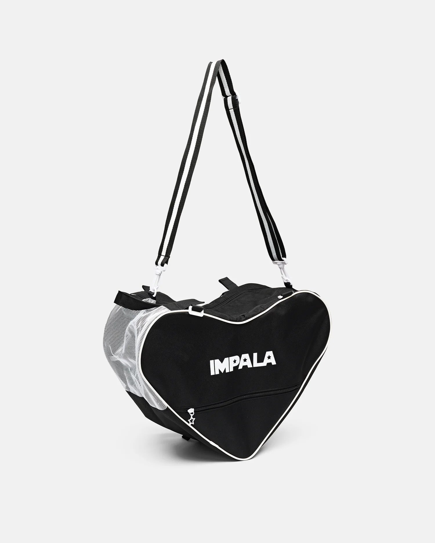 Black heart-shaped skate bag with IMPALA logo, top handles and white-trim straps