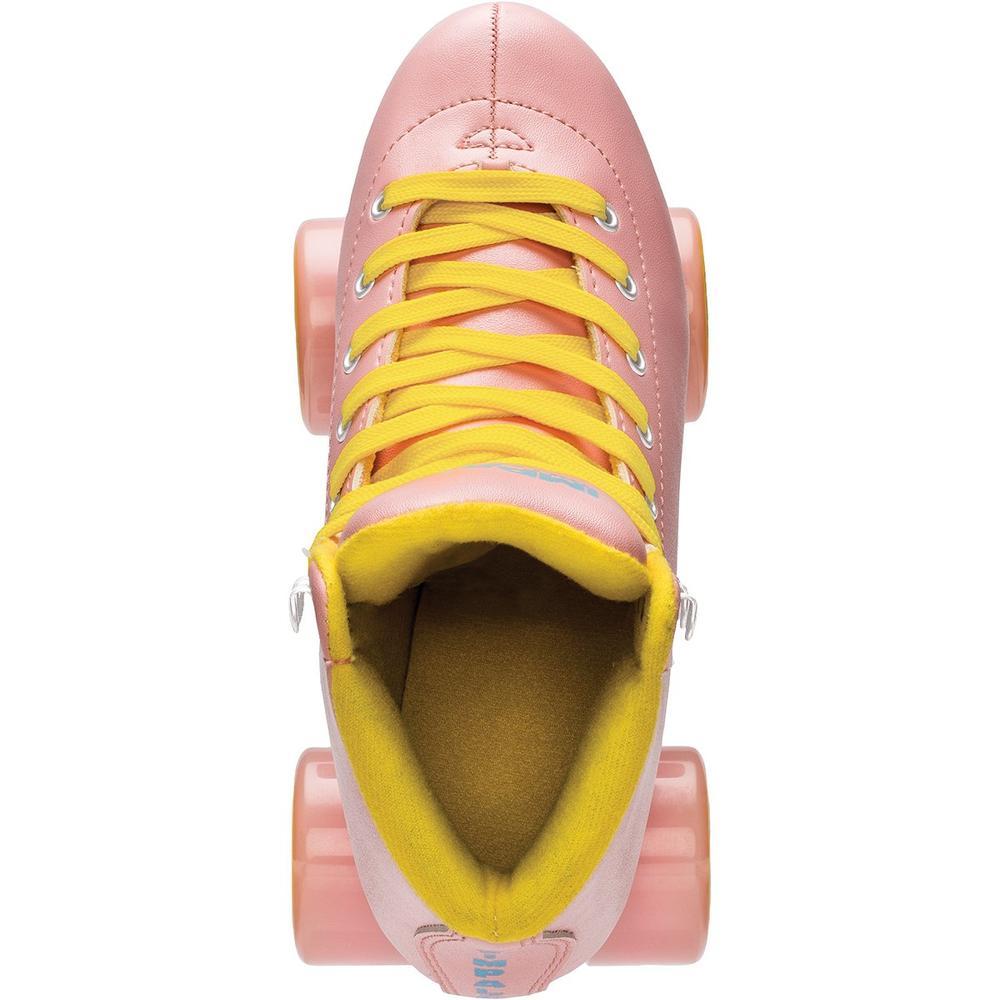 Pink Impala quad roller skate showing yellow laces and open padded interior