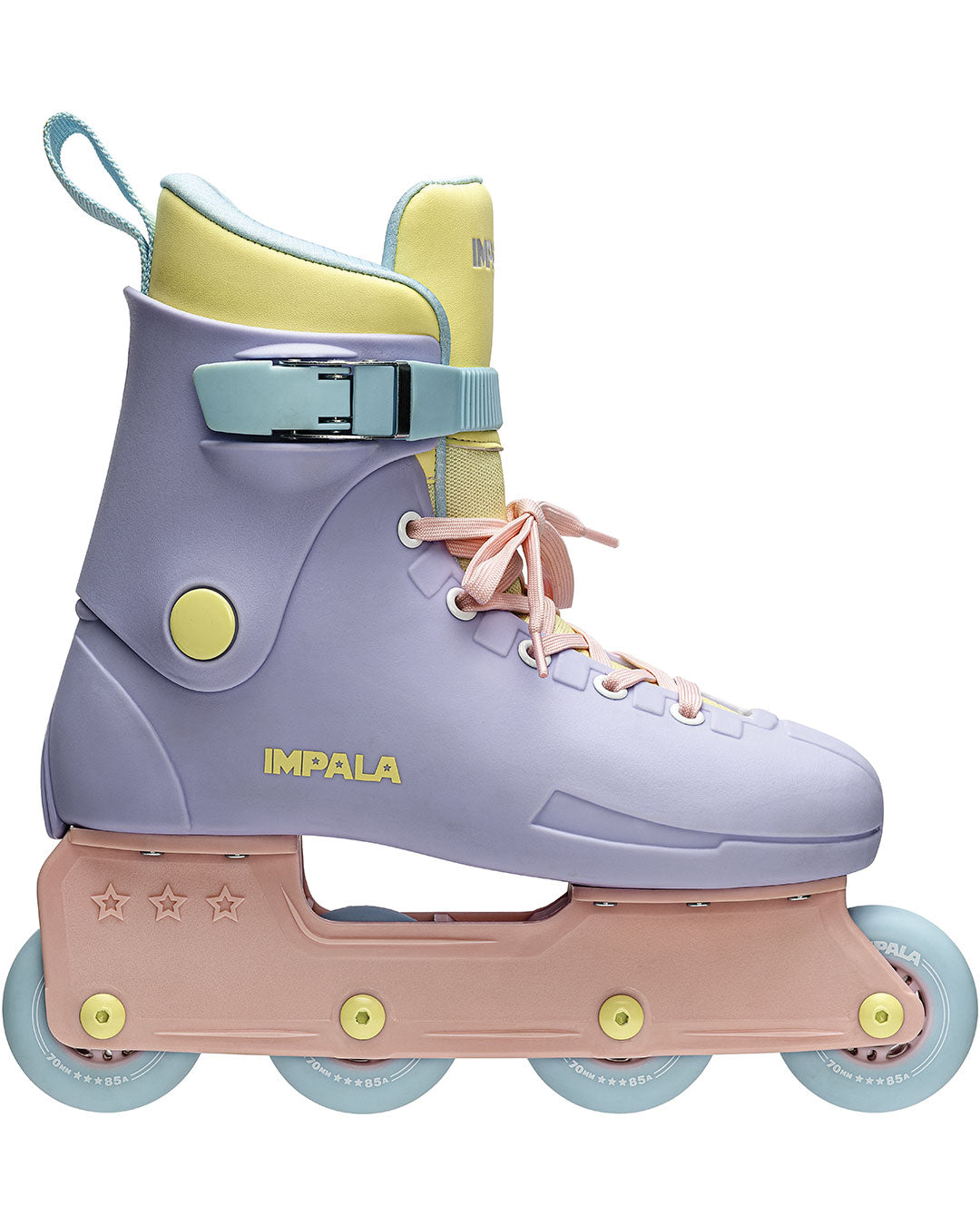 Pastel lavender inline skates with yellow lining, blue wheels, and pink lace bows