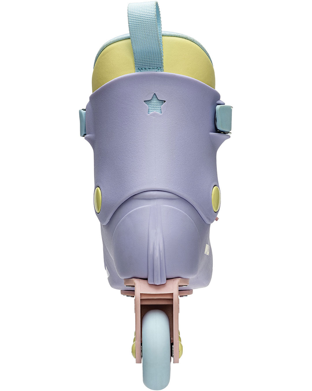 Front view pastel lavender inline skates with green star detail and light blue straps