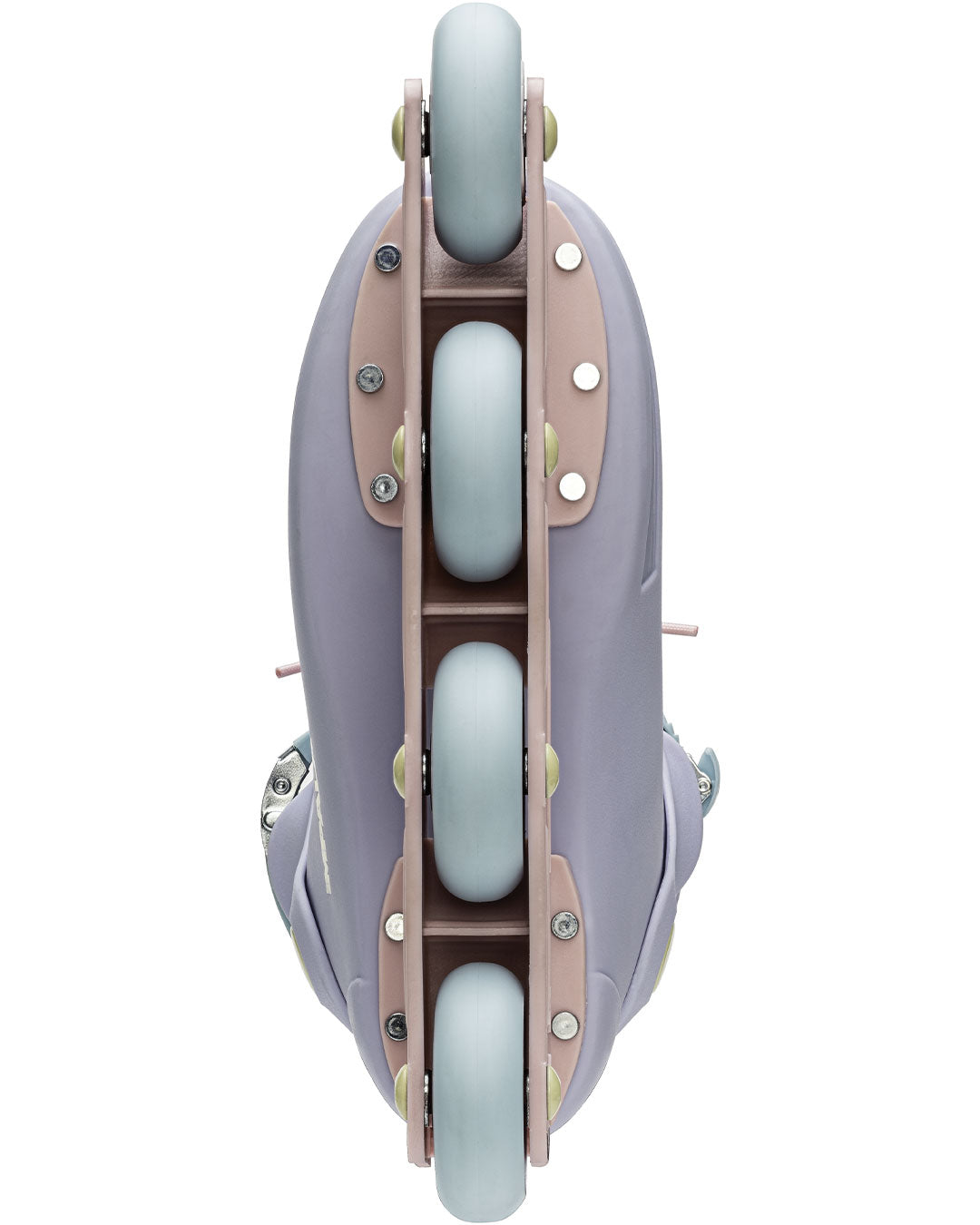 Back view inline skates with pastel lavender shell and light blue wheels on frame