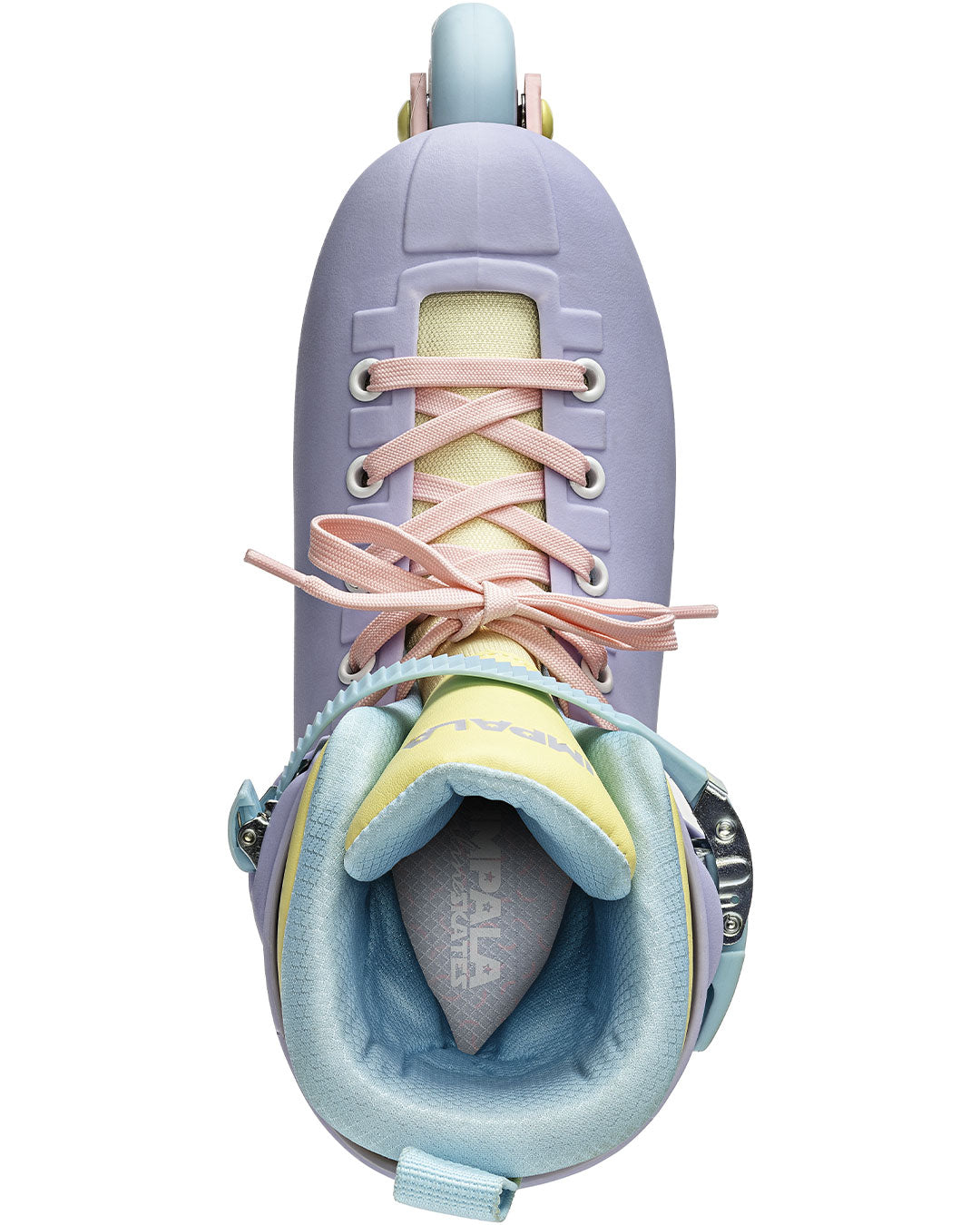 Top view pastel lavender inline skates with pink laces and light blue boot padding