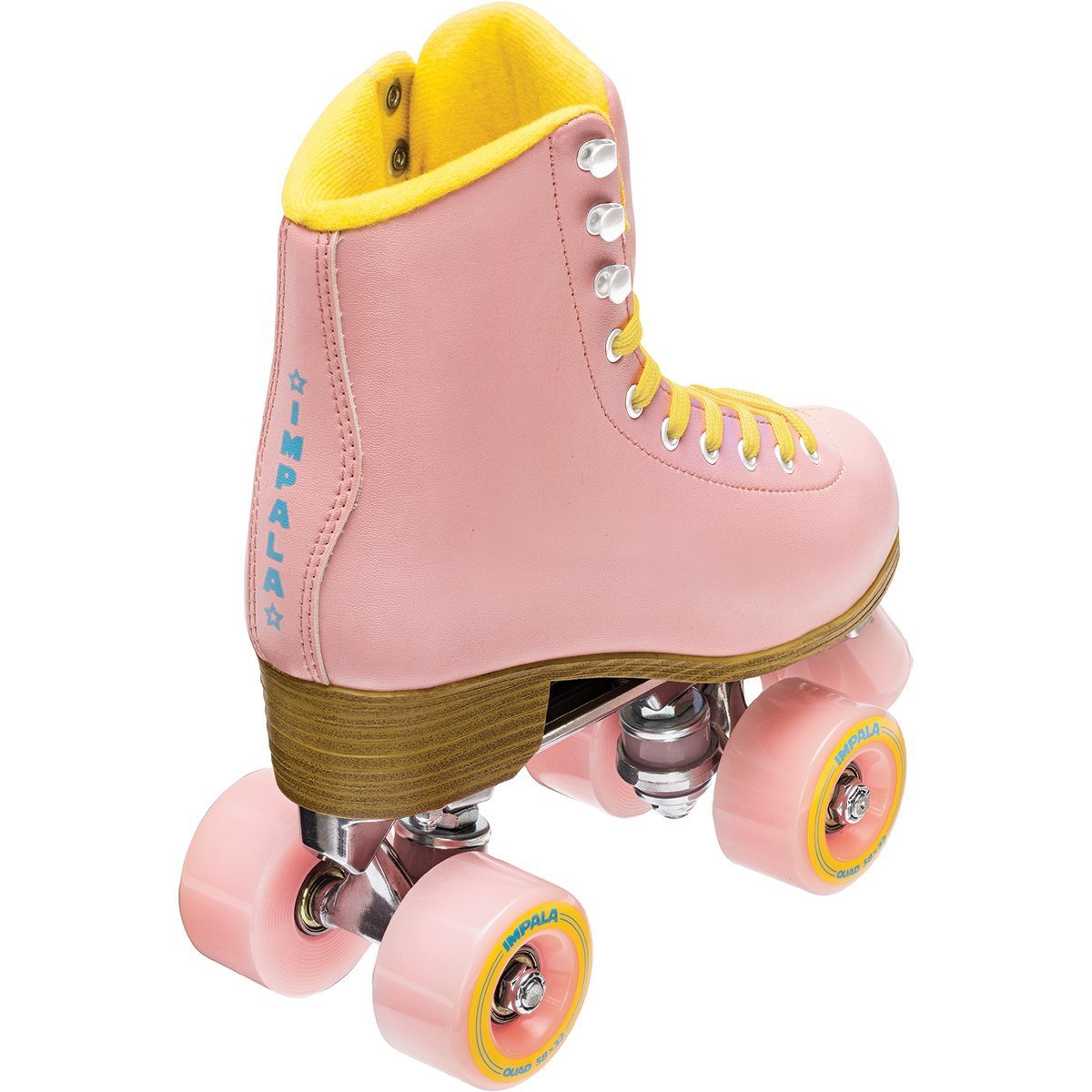 Pink Impala quad roller skate with yellow cap, orange wheels, and tan sole